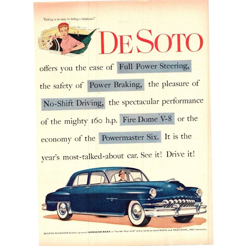 1952 DeSoto Firedome 8 Sedan Vintage Print Ad Woman Parking Man Cave Wall Art